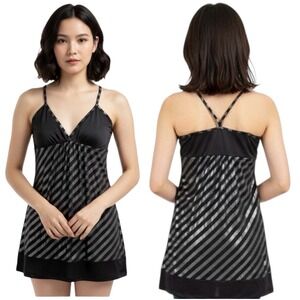 PRONTO USA Black Silver Stripe V Neck Spaghetti Strap Tank Tunic Top Size Small